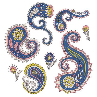 Beyaz arka planda izole edilmiş renkli desenli motifler. Hint tarzı tasarım ögeleri