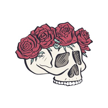 Beyaz arka planda izole edilmiş gül çelengi ile el çizimi insan kafatası. Çiçek dizaynlı iskelet kafa