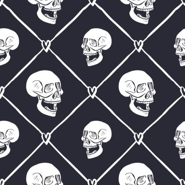 Sarmaşık içinde siyah beyaz insan kafatasları çizilmiş kusursuz desenler. Cadılar Bayramı monokrom arka plan tekrarı. Ölü ambalaj tasarımı günü.