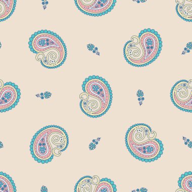 Bej arka planda Paisley motifleri olan kusursuz desen. Geleneksel Hint yineleme tasarımı.