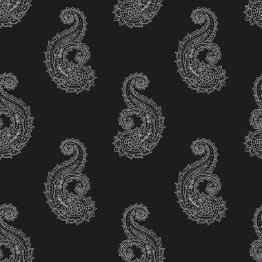 Siyah arka planda beyaz Paisley motifleri olan kusursuz desen. Geleneksel Hint monokrom tekrarı tasarımı.