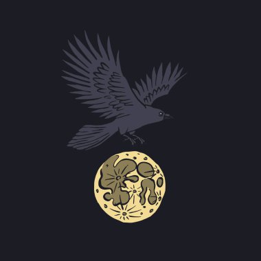 Elle çizilmiş mürekkepli eskiz tarzı kuzgun ya da karga, siyah arka planda izole edilmiş. Gizemli kuş dolunayla gece gökyüzünde uçuyor.