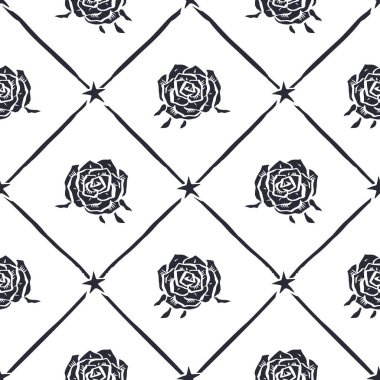 Çardağın içine el çizimi siyah ve beyaz gül çiçekleri çizilmiş pürüzsüz desen. Romantik monokrom çiçekli arka plan. Sevgililer Günü paket tasarımı.