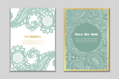 Şablonlu iki tebrik kartı şablonu. Doğulu süslemeli düğün davetiyesi. Modern durağan tasarım.