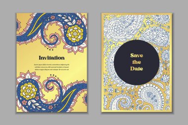 Şablonlu iki tebrik kartı şablonu. Doğulu süslemeli düğün davetiyesi. Modern durağan tasarım.