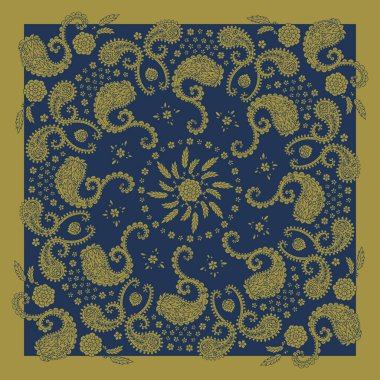 Mavi ve küresel atkı ya da şal desenli ve çiçekli bandana desenli. Etnik halı tasarımı