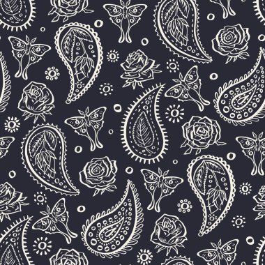 Elle çizilmiş tek renkli Paisley, güller ve luna güveleri ile kusursuz desen. Doodle Mughal tasarımları siyah beyaz kabataslak kelebekler ve çiçekler arka planda tekrarlanıyor.