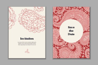 Şablonlu iki tebrik kartı şablonu. Doğulu süslemeli düğün davetiyesi. Modern durağan tasarım.