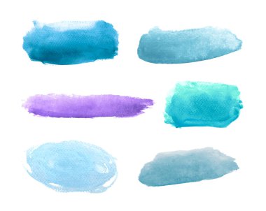 Suluboya arkaplan demetleri. Fırça darbesi soyut şekiller ayarlandı. Boya lekesi duvar kağıtları koleksiyonu.