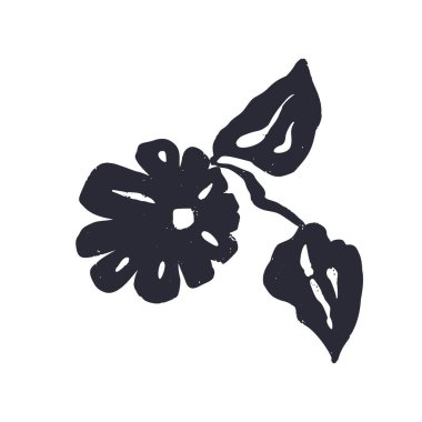 Siyah ve beyaz, soyut mürekkep silueti. Tek renkli kabataslak desenli gevşek çiçekli karalama. El çizimi botanik soyutlama