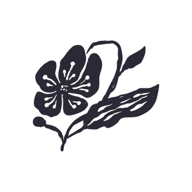 Siyah ve beyaz, soyut mürekkep silueti. Tek renkli kabataslak desenli gevşek çiçekli karalama. El çizimi botanik soyutlama