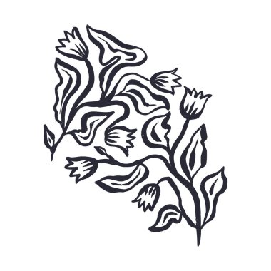 Siyah ve beyaz soyut mürekkep çizgisi sanat çiçeği. Tek renkli kabataslak desenli gevşek çiçekli karalamalar. El çizimi botanik soyutlama