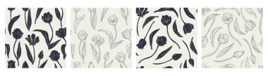Lale çiçekleri ile hazırlanmış klasik monokrom dikişsiz desenler. El çizimi çiçek arkaplanı. Bahar çiçekleri, siluet duvar kağıtları.