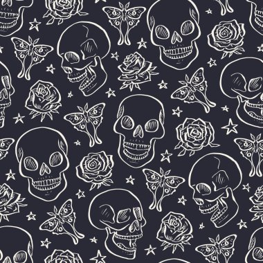Luna güveleri ve güllerle çevrili, el çizimi siyah ve beyaz mürekkep kafatası desenleri. İskelet başları tek renkli arka planı kelebekler ve çiçeklerle tekrar eder.