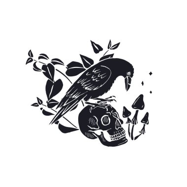 Beyaz arka planda izole edilmiş insan kafatası siluetinin üzerinde oturan el çizimi tek renkli mürekkepli taslak tarzı kuzgun ya da karga. Isırgan otu yapraklarıyla çevrili mistik siyah kuş ve kafa kemiği Cadılar Bayramı tasarımı