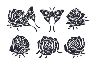 El çizimi gül çiçeği ve ay güvesi siyah siluetleri beyaz arka planda izole edilmiş. Minimalist çiçek ve kelebek monokrom tasarımı.