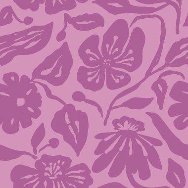 Tek renkli mor fırça darbeleri mürekkepli çiçekleri dikişsiz desen yapar. Soyut modern gevşek çiçekli arka plan. Dokulu botanik minimalist duvar kağıdı