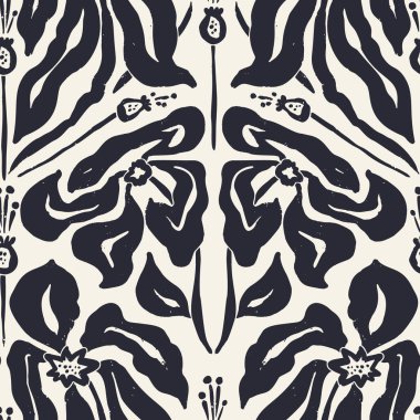 Tek renkli siyah beyaz fırça darbeleri mürekkepsiz çiçek desenli damask tarzı. Soyut modern çiçek arkaplanı. Dokulu botanik minimalist duvar kağıdı