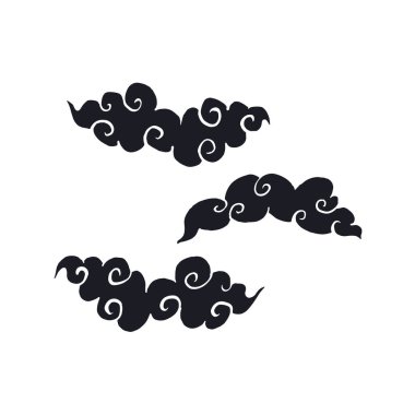 El çizimi siyah-beyaz, Çin tarzı bulutlar beyaz arka planda izole.