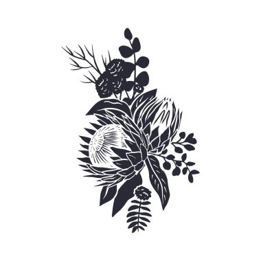 Siyah tropikal protea çiçekleri ve yaprakların silueti. Boho çiçekli monokrom kompozisyonu beyaz arkaplanda izole