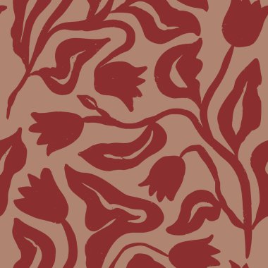 Fırça darbeleri mürekkepli çiçekler kahverengi pürüzsüz desenler. Soyut çiçek çağdaş geçmişi. Dokulu botanik minimalist duvar kağıdı