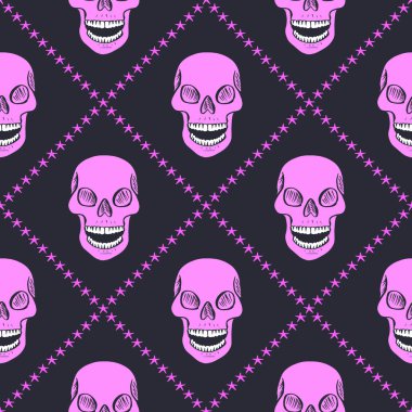 Çardağın içinde insan kafatasları çizilmiş kusursuz desenler. Cadılar Bayramı arka planı. Ölü ambalaj tasarımı günü.