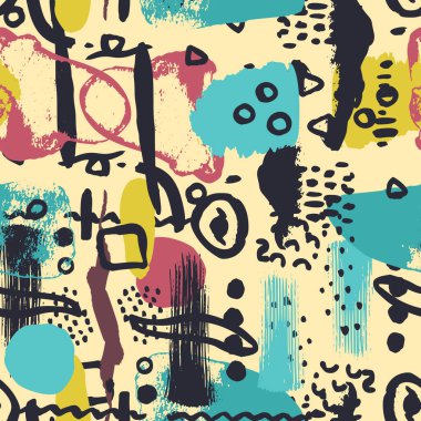 Sarı arka planda el çizimi şekilleri olan soyut, tuhaf, pürüzsüz desen. Minimalist nötr duvar kağıdı