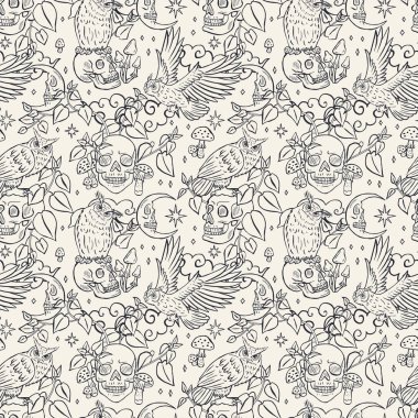 Elle çizilmiş, kusursuz desenli siyah beyaz kartal baykuşları insan kafataslarının üzerinde oturuyor. Orman yeşilliklerinde yırtıcı kuşlarla dolu göksel iskelet başları.