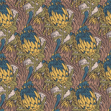 Kahverengi arka planda elle çizilmiş protea çiçekleri olan kusursuz desen. Toprak renkleri olan tropik bir duvar kâğıdı. Çizgi sanatı Afrikalı dokusu çiçek açtı