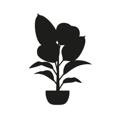 Saksı bitkisinin siyah linocut silueti. Tropik bitki monokrom elle çizilmiş tasarım