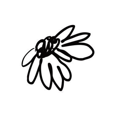 El çizimi siyah mürekkep soyut papatya çiçeği beyaz arka planda izole edilmiş. Tek renkli karalama stili çiçek açar. Sketchy Minimalist Çiçek Tasarımı.