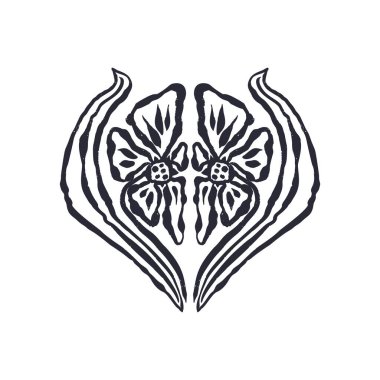 Siyah ve beyaz soyut mürekkep çizgisi sanat çiçeği. Tek renkli kabataslak desenli gevşek çiçek simetrik kompozisyonu. El çizimi botanik soyutlama