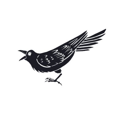 Beyaz arka planda el çizimi mürekkepli çizim tarzı kuzgun ya da karga var. Mistik siyah beyaz kuş nalları dikiyor