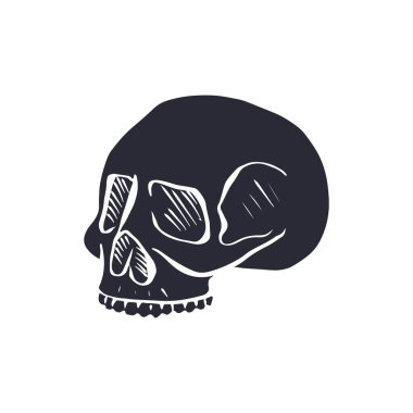 Beyaz arka planda izole edilmiş siyah insan kafatası silueti. Tek renkli iskelet baş dekoru