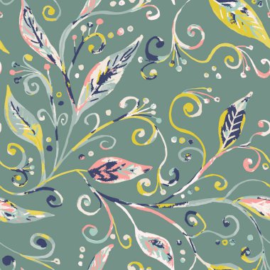 Suluboya stili soyut botanik dikişsiz desen, çeşitli renk yaprakları ve yeşil arka planda girdaplar. Boyanmış yapraklı çiçek desenli duvar kâğıdı.