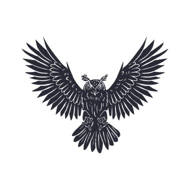 El çizimi siyah baykuş silueti beyaz arka planda izole bir şekilde uçuyor. Tek renkli gece kuşu vektör illüstrasyonu.