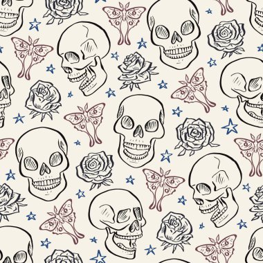 Luna güveleri ve güllerle çevrili elle çizilmiş mürekkepli çiçek kafatası desenleri. İskelet kafalar arka planda kelebekler ve çiçeklerle.