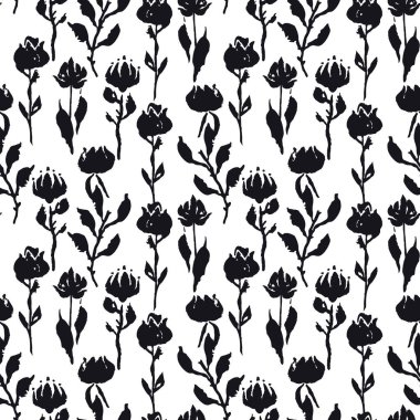 Siyah beyaz eli ve çiçekleri ve yaprakları olan kusursuz bir desen. Botanik arka planı gevşek. Kaba çiçekler, tek renkli duvar kağıtları..