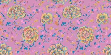 Suluboya stili, pembe arkaplanlı, pürüzsüz bir desen. Zencefil kavanozu, çiçekli yineleme tasarımı. Çin geleneksel sanat baskısı.