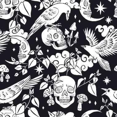 Elle çizilmiş mürekkepli karga ya da insan kafatasları üzerinde oturan kargalarla siyah ve beyaz desenli. Tek renkli Göksel İskelet, orman yeşilliklerinde arka planı tekrarlar. Hilal rengi gökyüzü, kuşlar