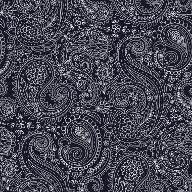 Beyaz arka planda Paisley motifleri olan monohcrome dikişsiz desen. Geleneksel Hint yineleme tasarımı.