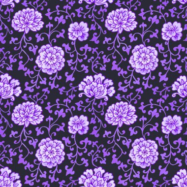 Tek renkli mor suluboya stili, siyah arkaplanda dikişsiz desen. Zencefil kavanozu çiçek desenli. Çin geleneksel sanat baskısı.