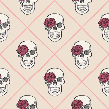 Sarmaşığın içinde insan kafatası ve gül çiçekleri çizilmiş kusursuz desenler var. Cadılar Bayramı çiçekli arka plan. Ölü ambalaj tasarımı günü.