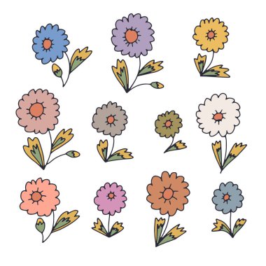 El çizimi rengarenk karalamalı papatya çiçekleri. Basit tek renkli çiçek desenli çizimler. Soyut botanik elementler koleksiyonu.