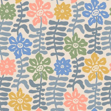 Renkli pastel desenli, dikişsiz çiçekler. Soyut modern çiçek arkaplanı. Dokulu botanik minimalist duvar kağıdı