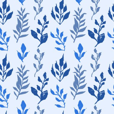 Kusursuz desenli, elle çizilmiş tek renkli mavi soyut yapraklar. Boho 'nun botanik geçmişi tekerrür ediyor. Kaba ağaç yaprağı duvar kağıdı.