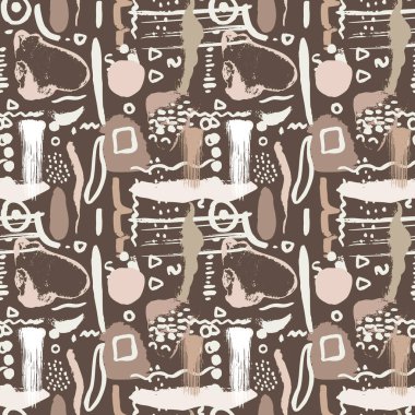 Kahverengi arka planda el çizimi şekilleri olan soyut, tuhaf, pürüzsüz desen. Minimalist nötr duvar kağıdı. Modern toprak geometrik arkaplan