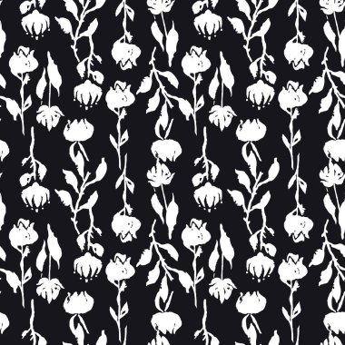 Siyah beyaz eli ve çiçekleri ve yaprakları olan kusursuz bir desen. Botanik arka planı gevşek. Kaba çiçekler, tek renkli duvar kağıtları..