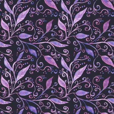 suluboya stili soyut botanik dikişsiz desen, mor yapraklar ve girdaplar. Boyanmış yapraklarla çiçek yineleme arka planı.