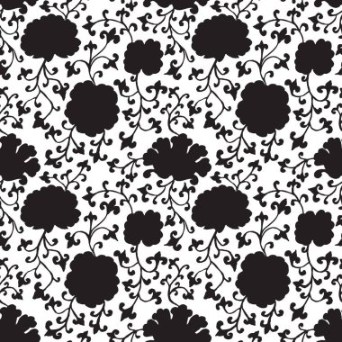 Tek renkli siyah-beyaz siluet çini rengi, dikişsiz desen. Zencefil kavanozu çiçek desenli. Çin geleneksel sanat baskısı.